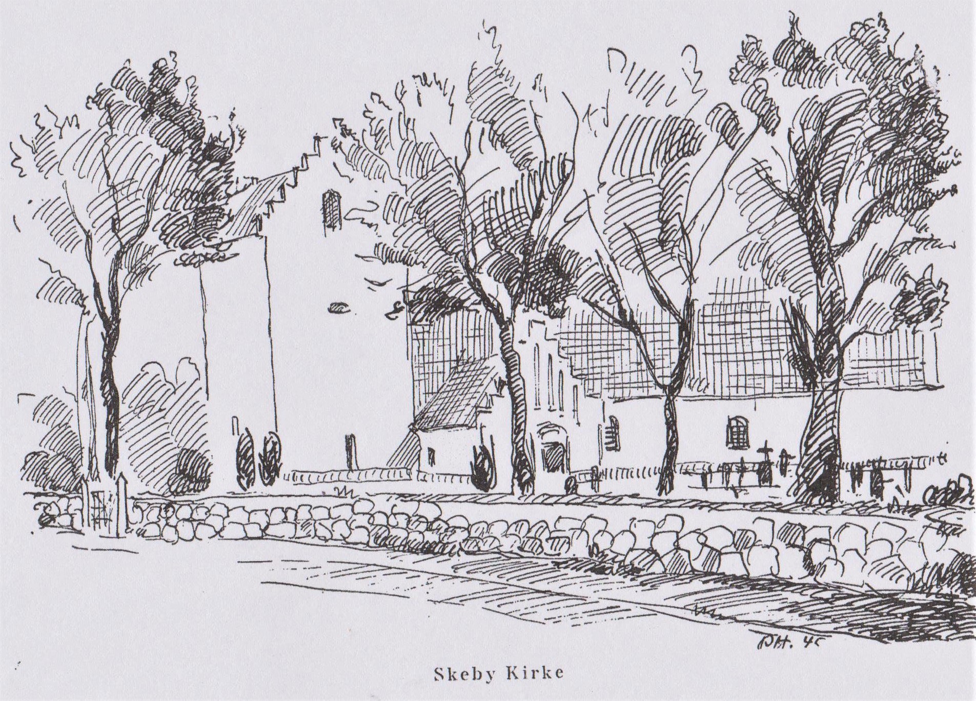 Skeby Kirke år 1945 tegning fra Ingeborgs slægtsbog 2